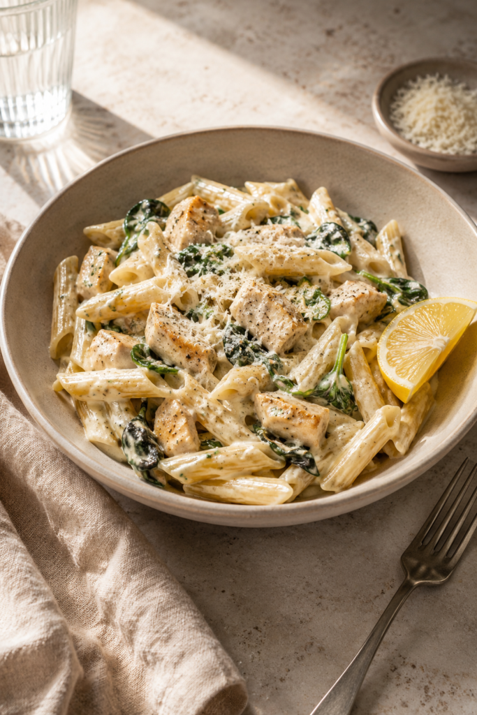 Creamy protein packed pasta bowl with chicken spinach and creamy sauce