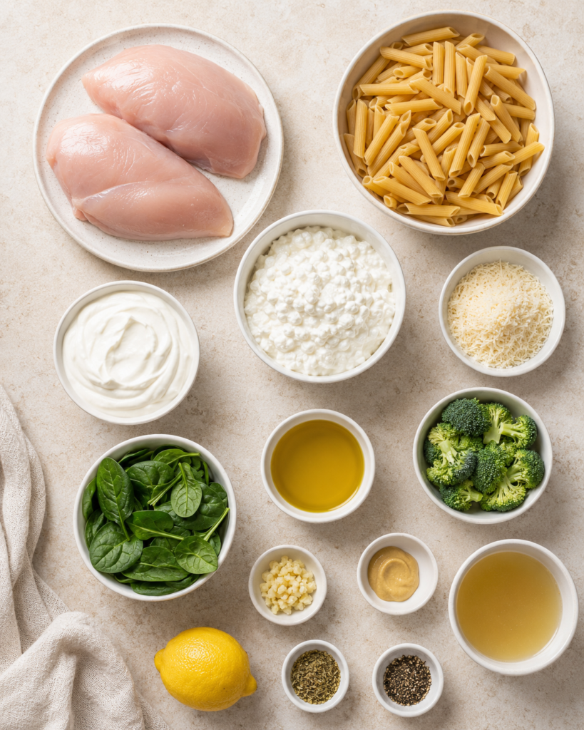 Ingredients for creamy protein pasta bowl arranged on a kitchen counter