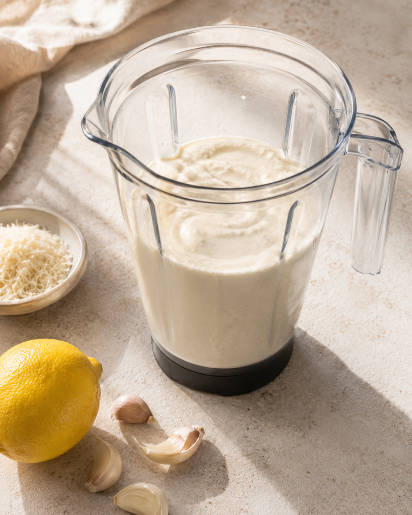 Blended cottage cheese and Greek yogurt sauce for creamy protein pasta