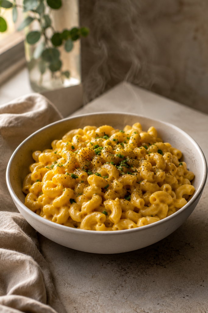 Bowl of high-protein vegan mac and cheese with creamy golden sauce and chives