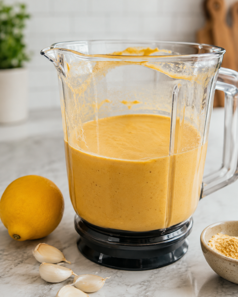 Blended tofu and white bean cheese sauce for high-protein vegan mac and cheese