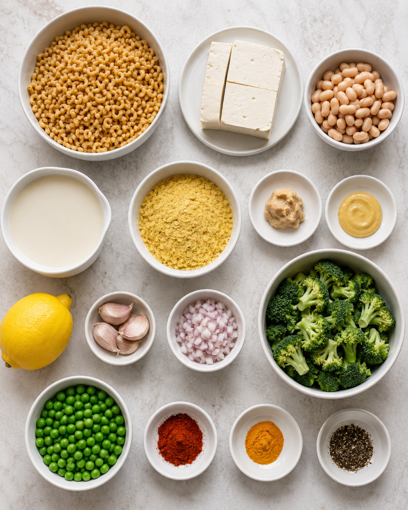Ingredients for high-protein vegan mac and cheese arranged on a kitchen counter