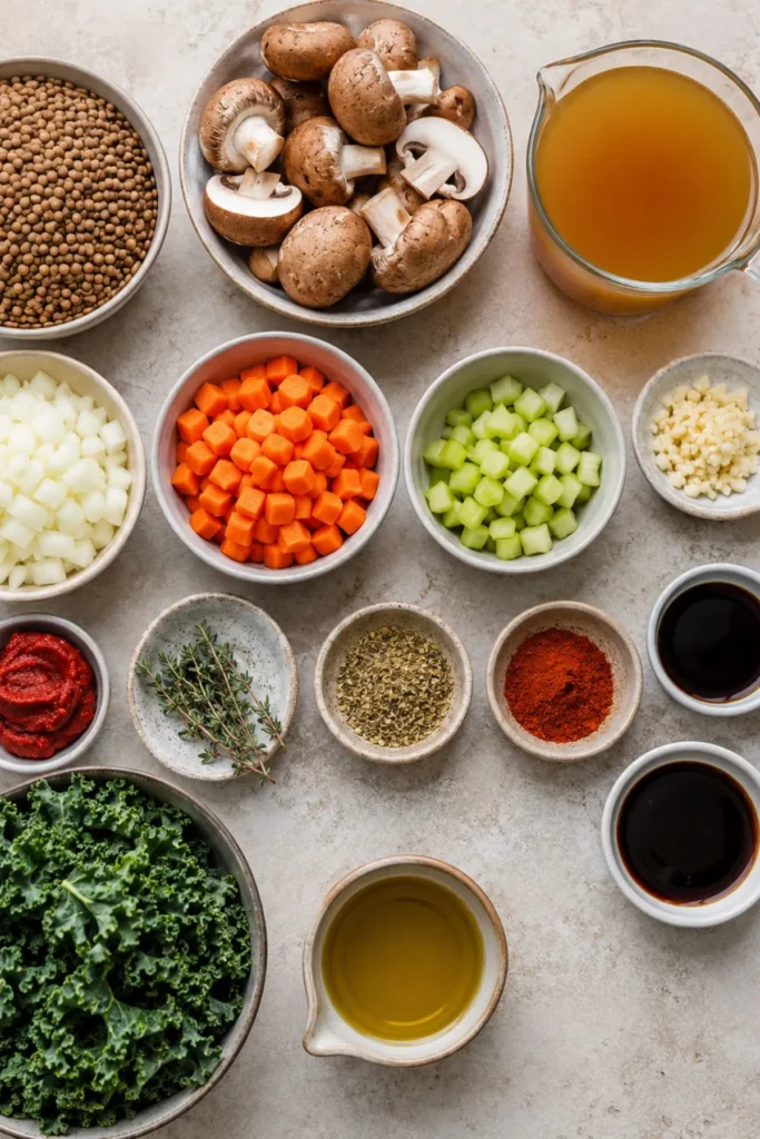 Overhead vegan lentil mushroom stew ingredients with lentils, mushrooms, chopped vegetables, kale, broth, herbs, and spices