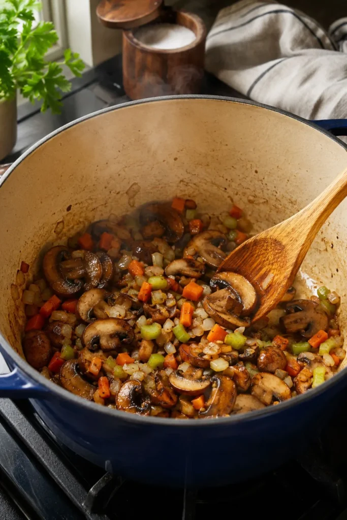 Cremini mushrooms browning with onions, carrots, and celery in a Dutch oven