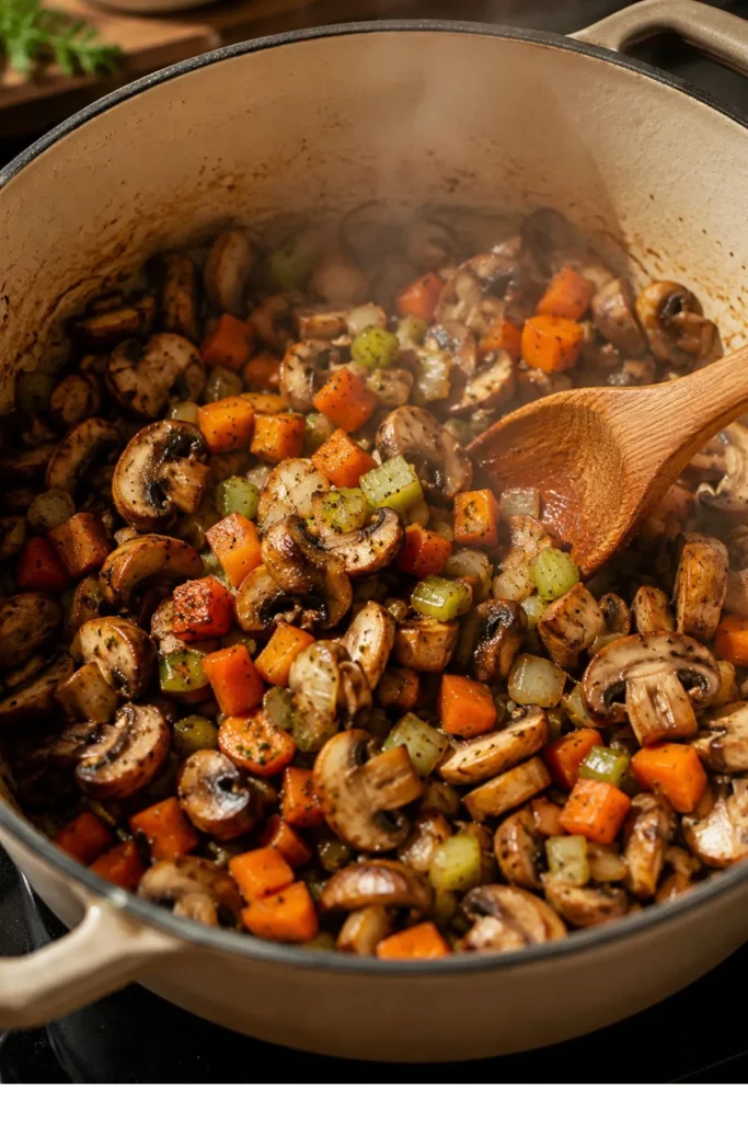 Mushrooms, carrots, celery, and onions sautéing in a Dutch oven with a wooden spoon