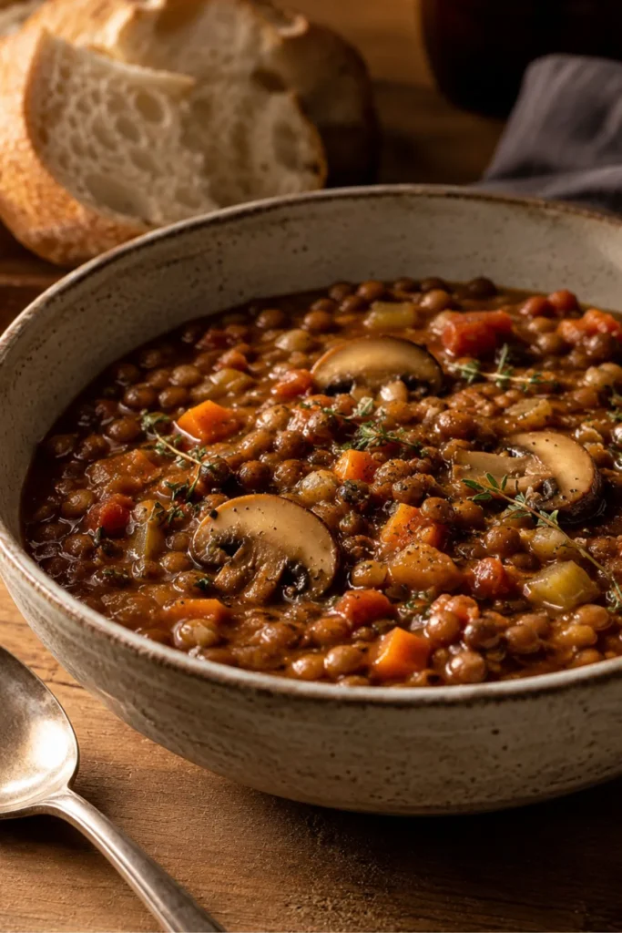 Vegan lentil mushroom stew served in a rustic bowl with mushrooms, lentils, and crusty bread in the background