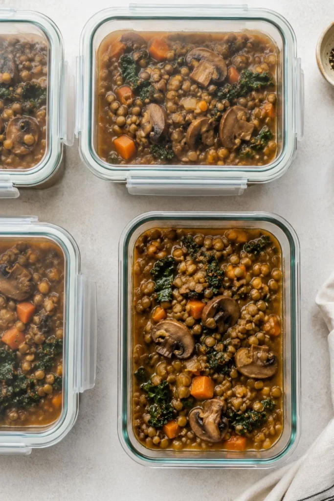 Glass meal-prep containers filled with vegan lentil mushroom stew with lentils, mushrooms, carrots, and kale