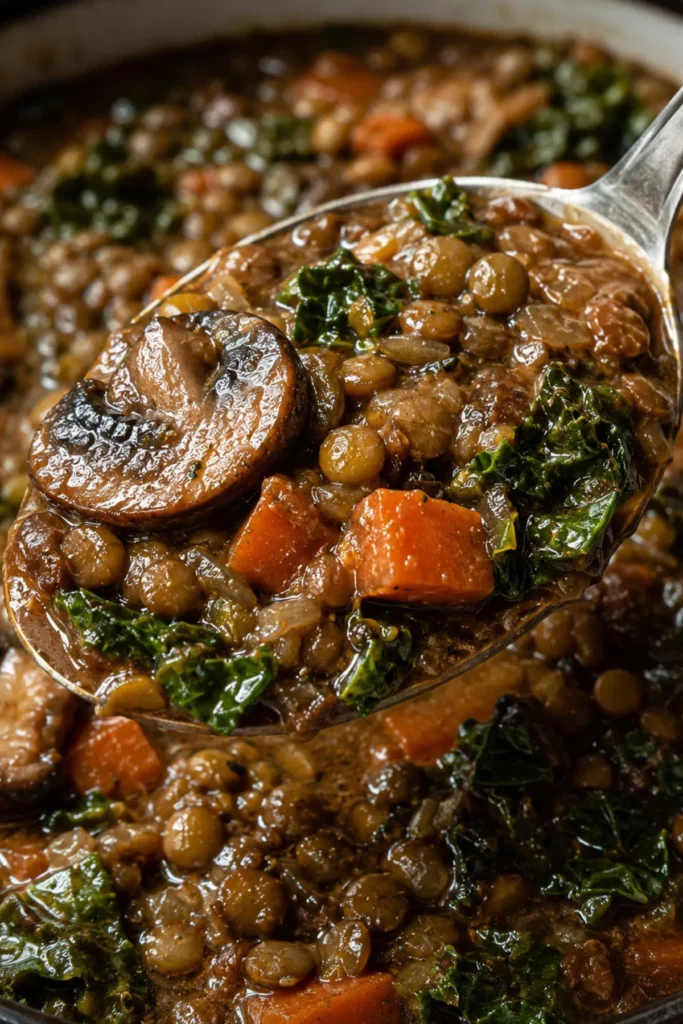Spoon lifting vegan lentil mushroom stew with lentils, mushrooms, carrots, and kale