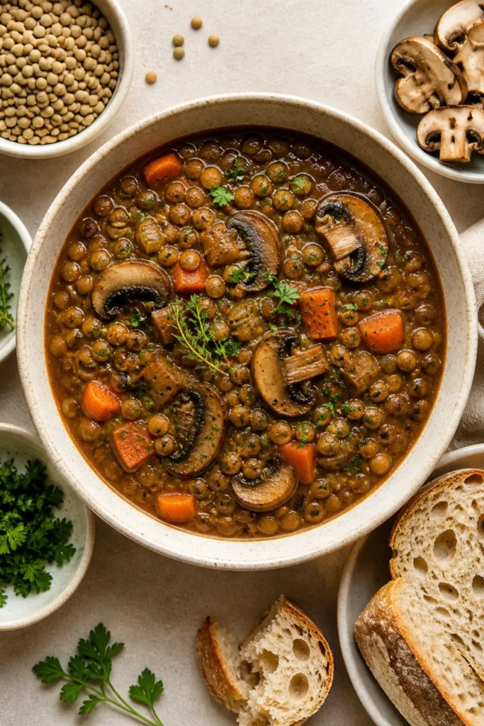 Top-down vegan lentil mushroom stew with side bowls of lentils, mushrooms, herbs, and rustic bread