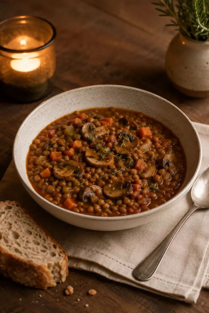 Vegan lentil mushroom stew in a bowl with spoon, napkin, and rustic bread on a cozy dinner table