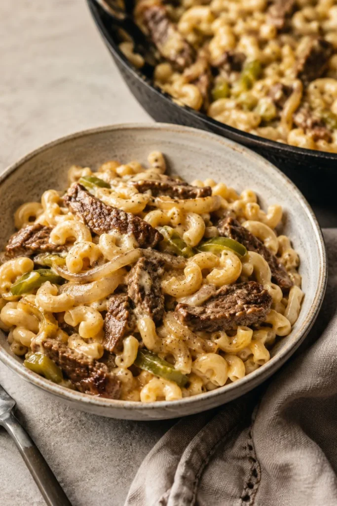 Creamy high-protein Philly cheesesteak mac and cheese with steak, peppers, and onions in a bowl