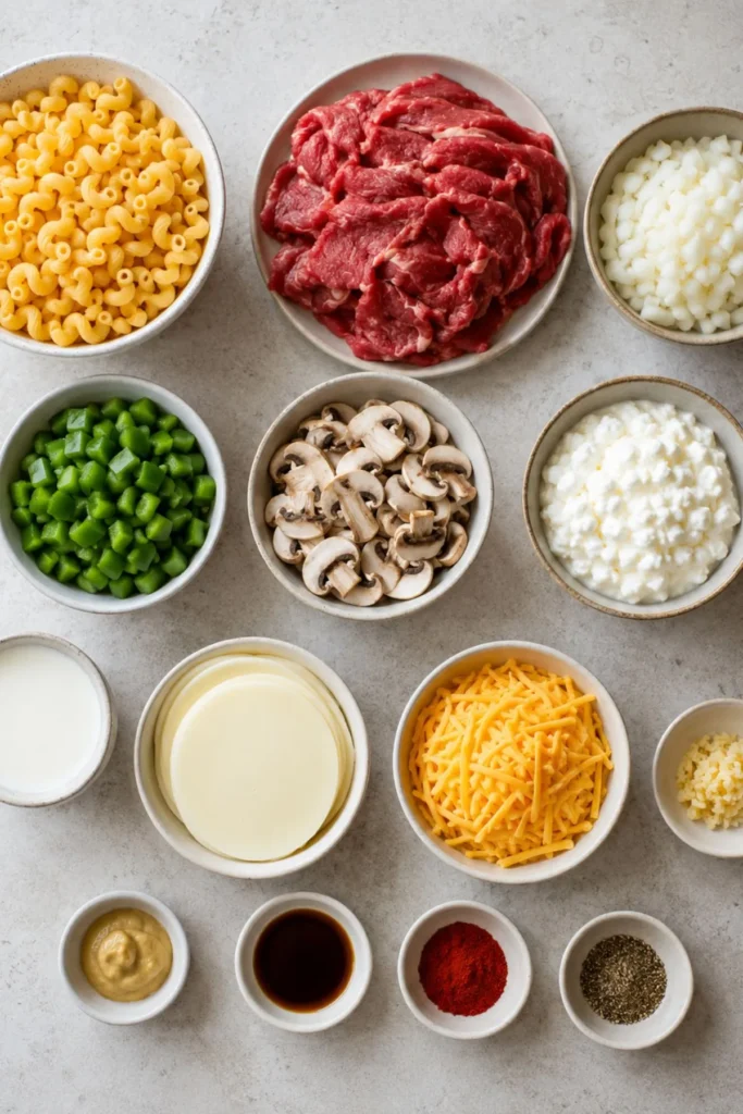 Ingredients arranged for high-protein Philly cheesesteak mac and cheese on a countertop