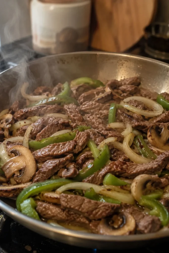 Steak, onions, peppers, and mushrooms cooking in a skillet for Philly cheesesteak mac and cheese