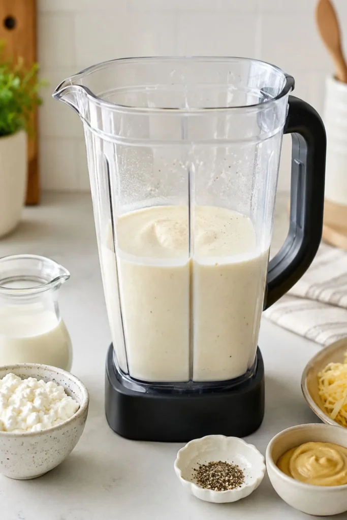 Blended cottage cheese sauce base for a high-protein cheesesteak mac and cheese recipe