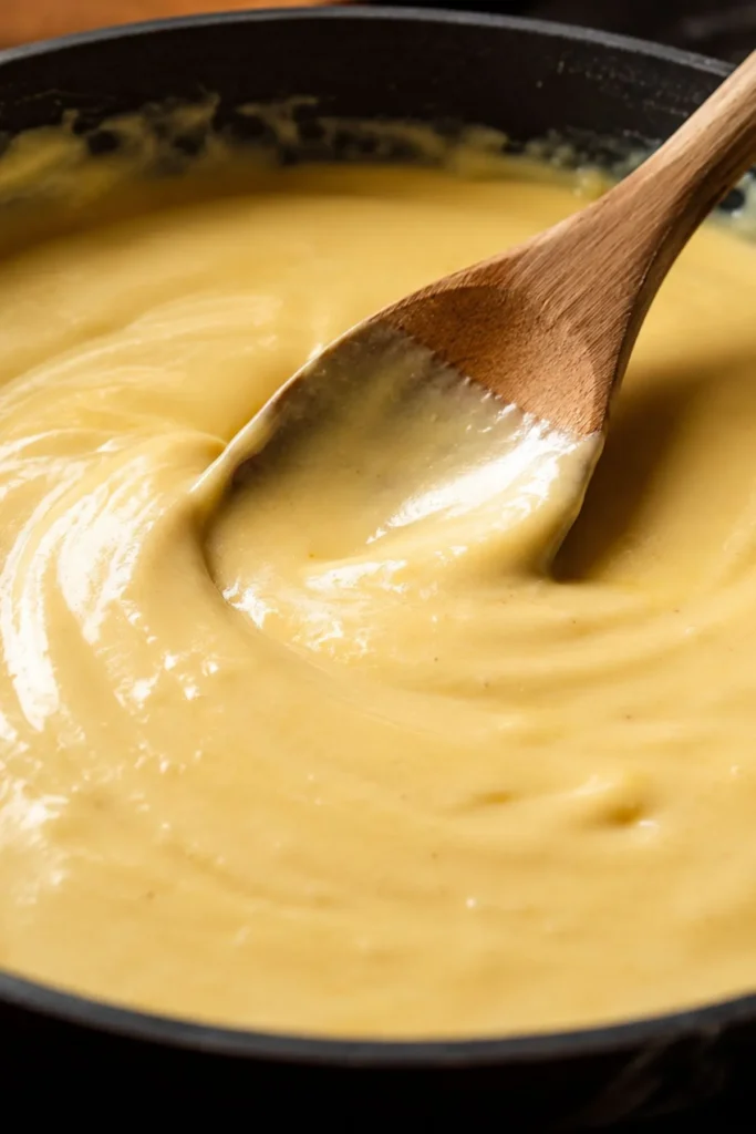 Smooth creamy cheese sauce being stirred for Philly cheesesteak mac and cheese