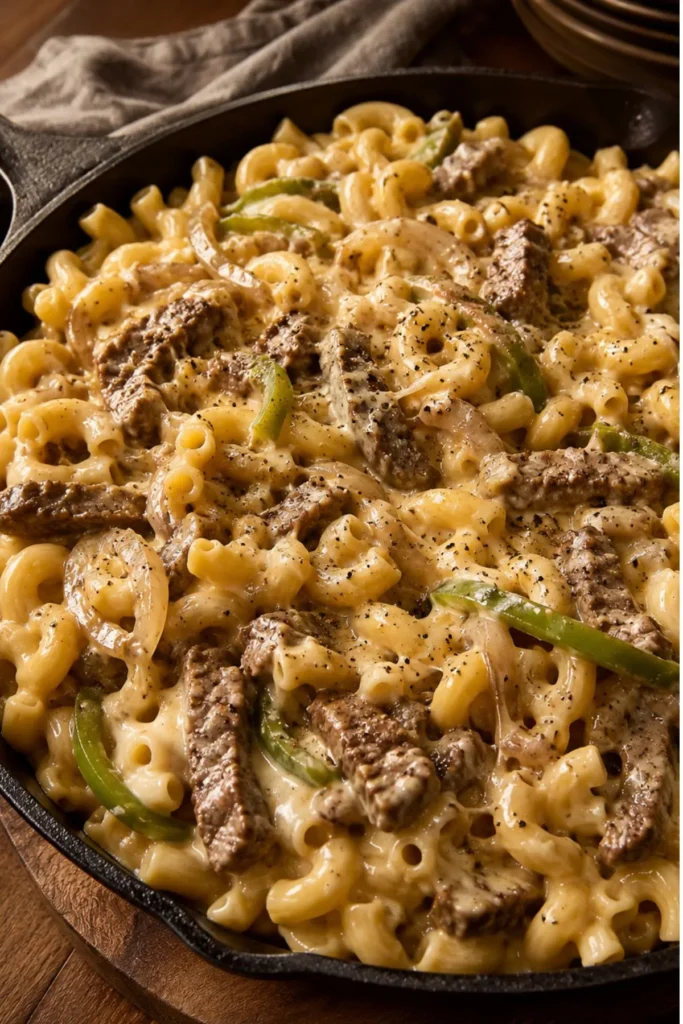 Finished skillet of creamy high-protein Philly cheesesteak mac and cheese with steak and peppers