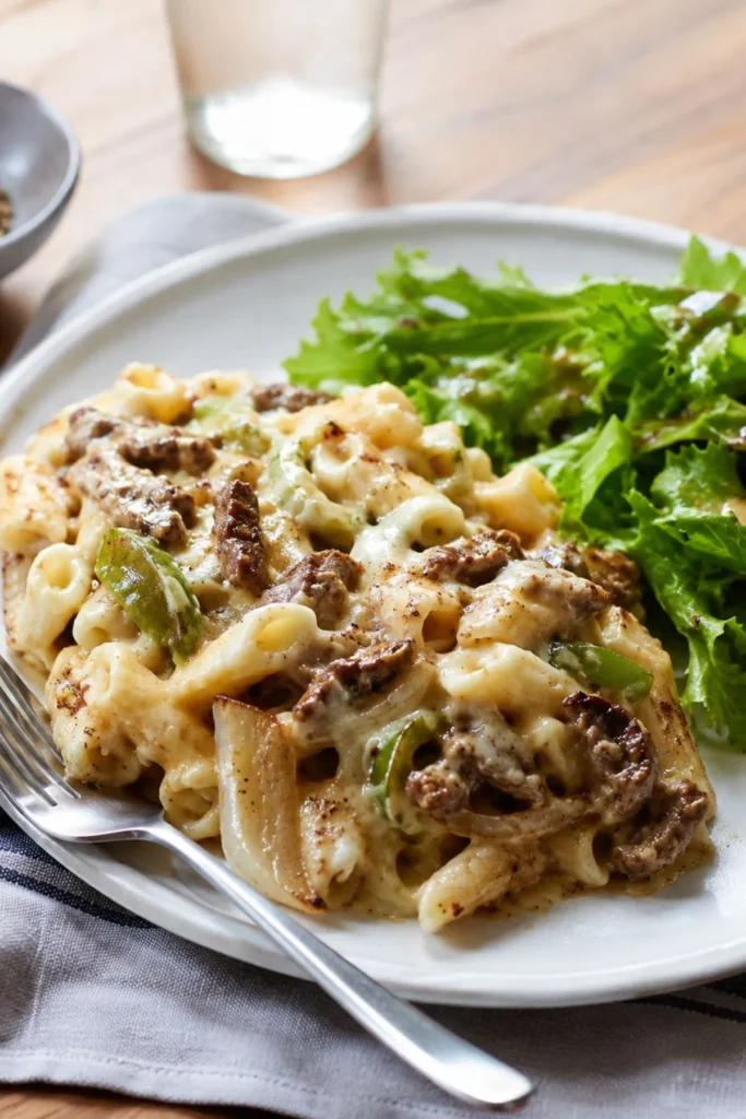 High-protein Philly cheesesteak mac and cheese served with a simple green salad
