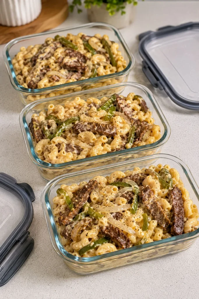 Meal-prep containers filled with high-protein Philly cheesesteak mac and cheese