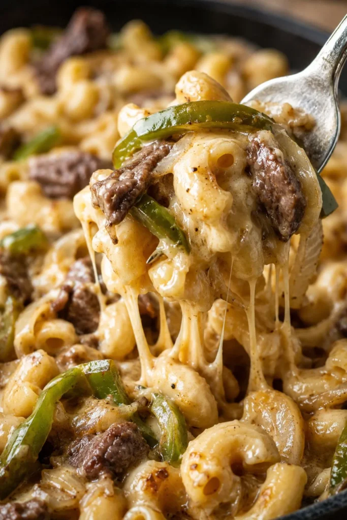 Close-up of creamy Philly cheesesteak mac and cheese lifted on a fork