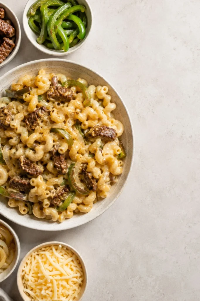 Overhead summary-style image for high-protein Philly cheesesteak mac and cheese recipe