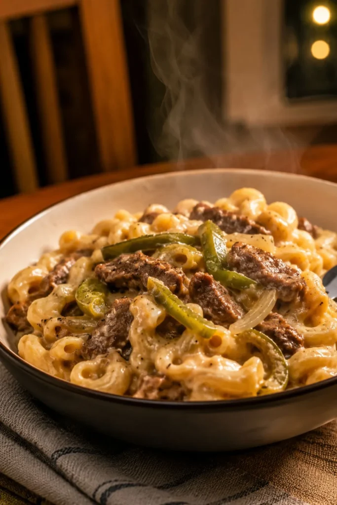 Final bowl of creamy high-protein Philly cheesesteak mac and cheese ready to serve