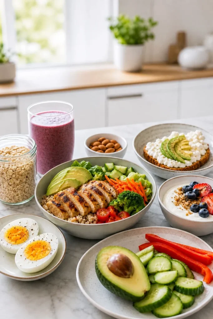 High-protein meals with grilled chicken, eggs, yogurt, avocado, oats, and smoothie on a bright counter