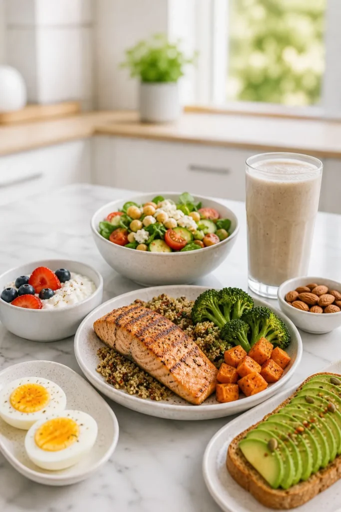 High-protein salmon meal with eggs, avocado toast, smoothie, yogurt, and vegetables on a bright counter