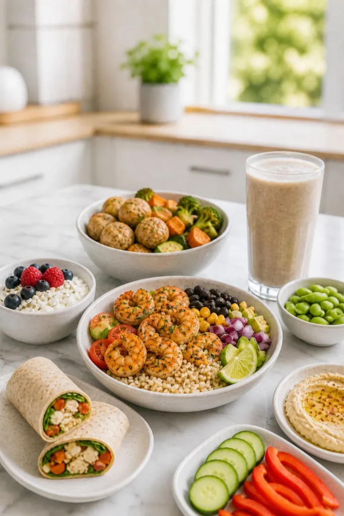 High-protein shrimp bowl with wrap, smoothie, cottage cheese, edamame, hummus, and vegetables