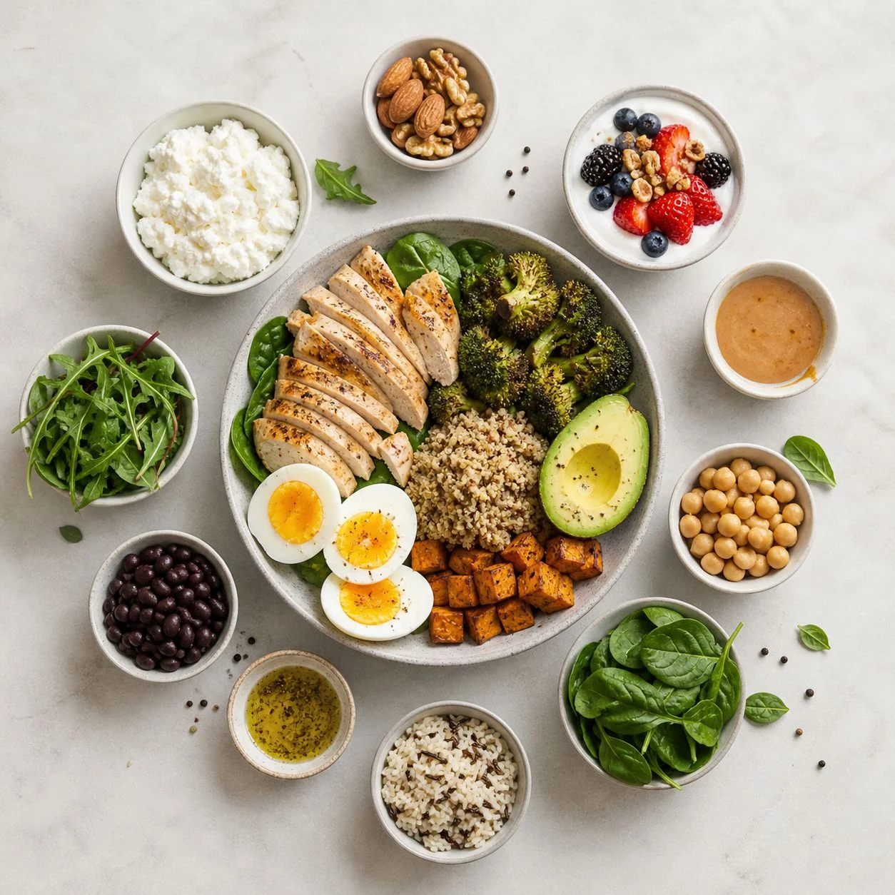 High-protein meal prep flat lay with chicken, eggs, yogurt, rice, vegetables, avocado, and beans.