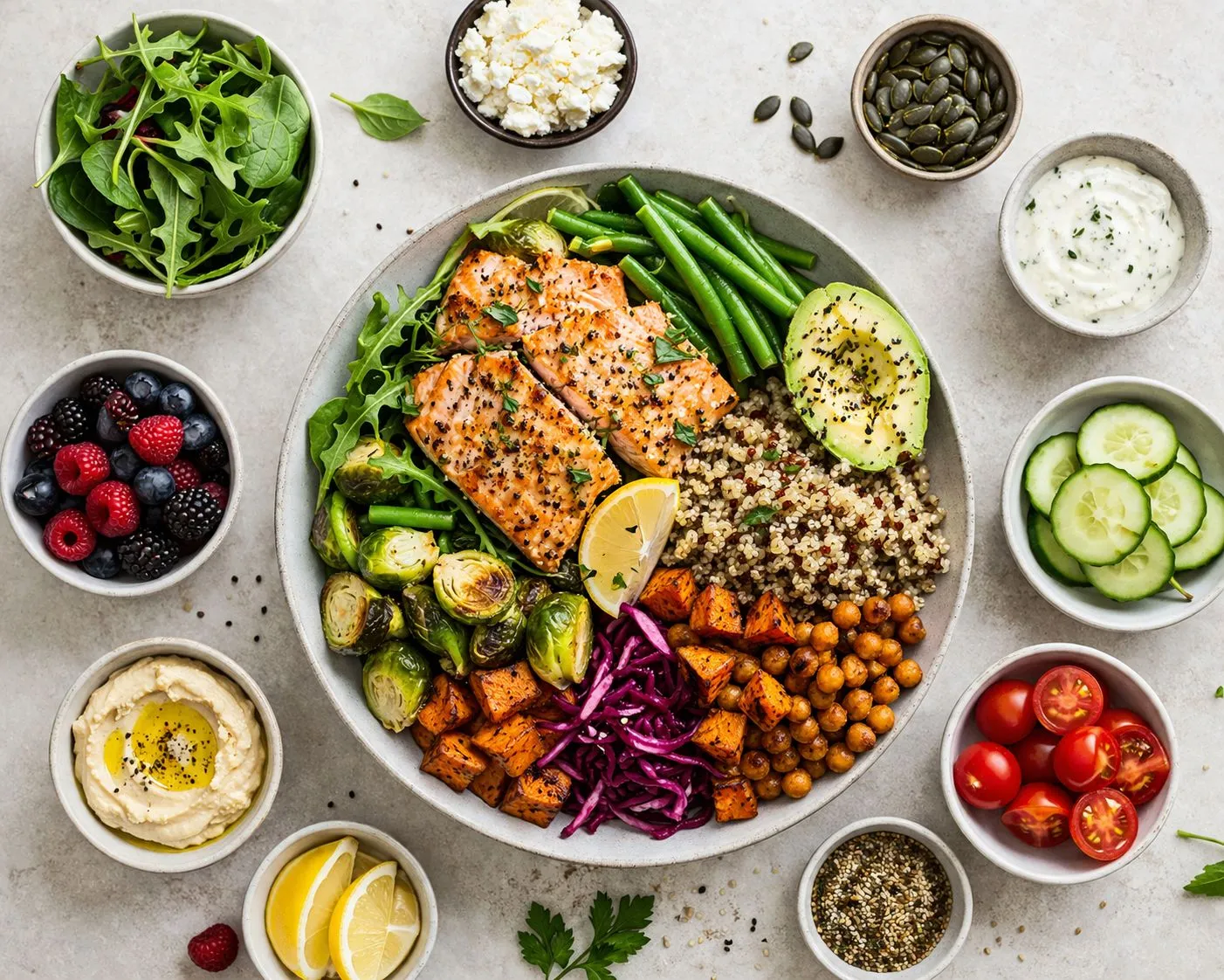High-protein shrimp bowl with quinoa, avocado, sweet potatoes, vegetables, and yogurt sauce
