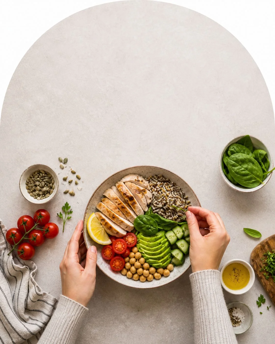 Hands preparing a high-protein bowl with chicken, quinoa, avocado, chickpeas, and fresh vegetables
