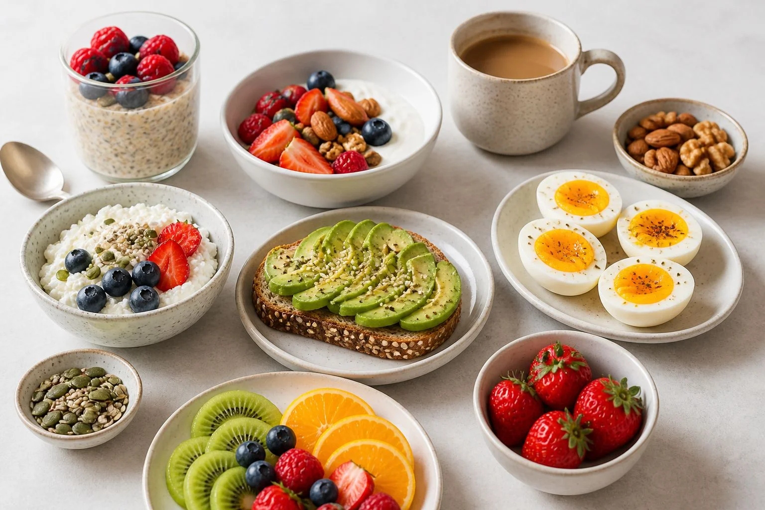 High-protein breakfast spread with eggs, cottage cheese, oats, yogurt, avocado toast, berries, and nuts