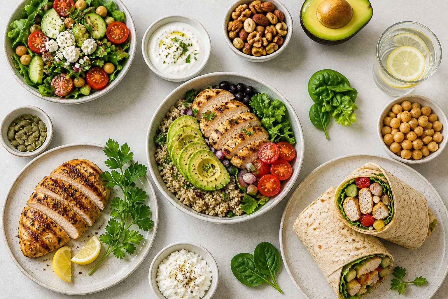 High-protein lunch spread with chicken bowl, wrap, salad, chickpeas, avocado, and quinoa