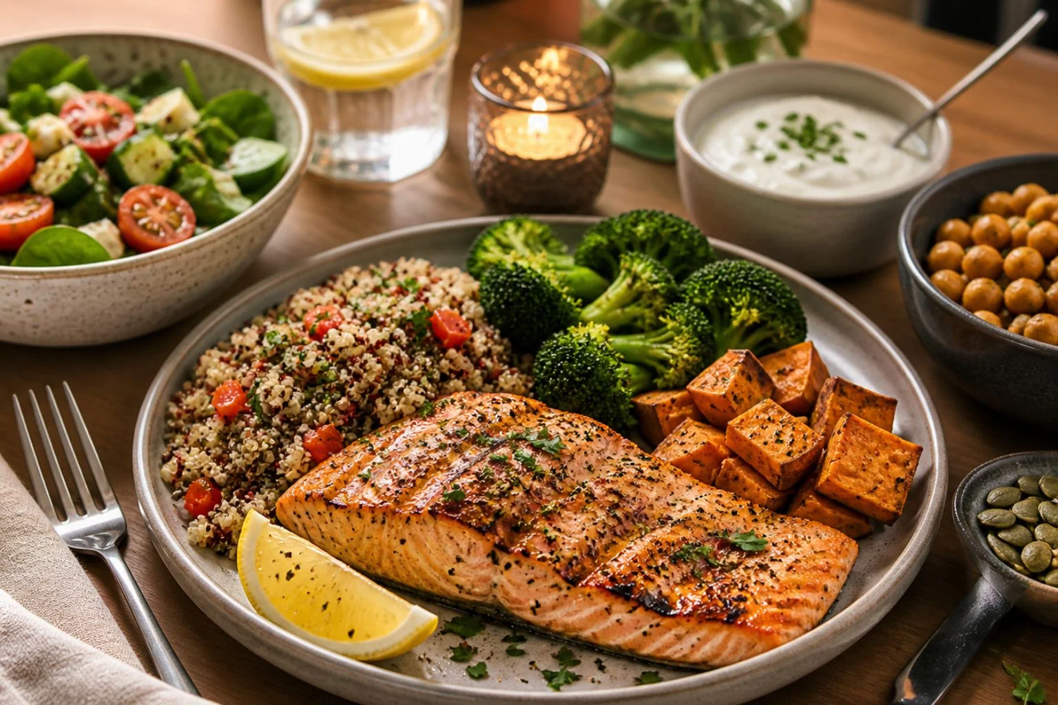 High-protein dinner plate with grilled salmon, quinoa, broccoli, sweet potatoes, salad, and yogurt dip