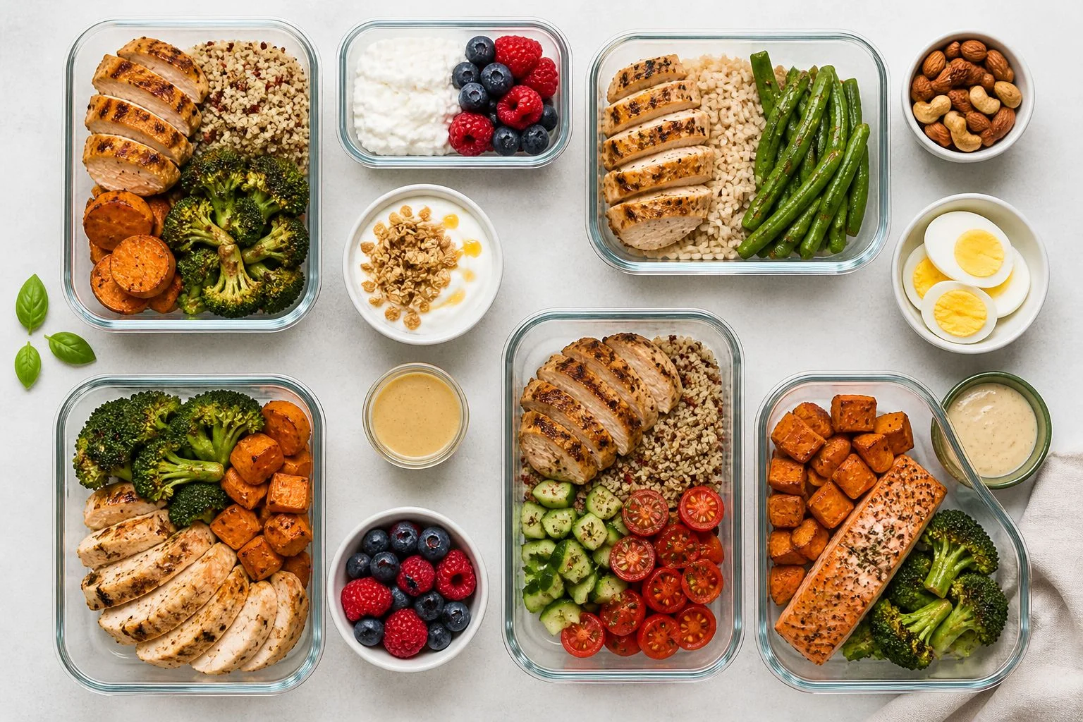 High-protein meal prep containers with chicken, salmon, rice, broccoli, sweet potatoes, eggs, and berries