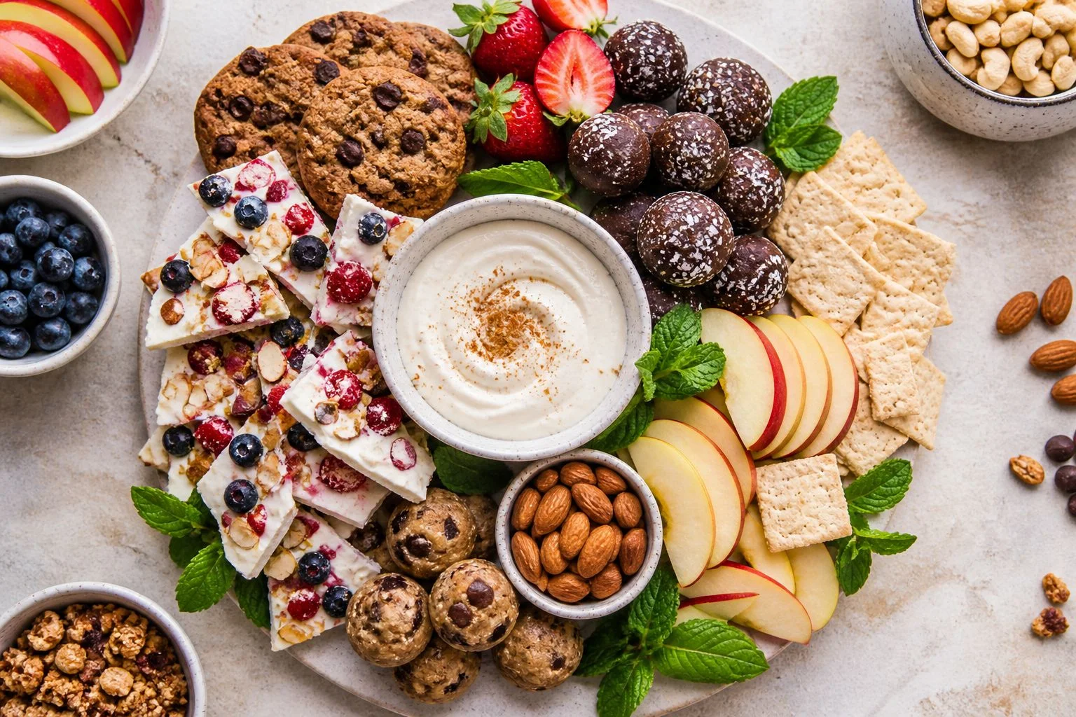 High-protein dessert platter with yogurt bark, protein bites, cookies, berries, apples, nuts, and creamy dip.