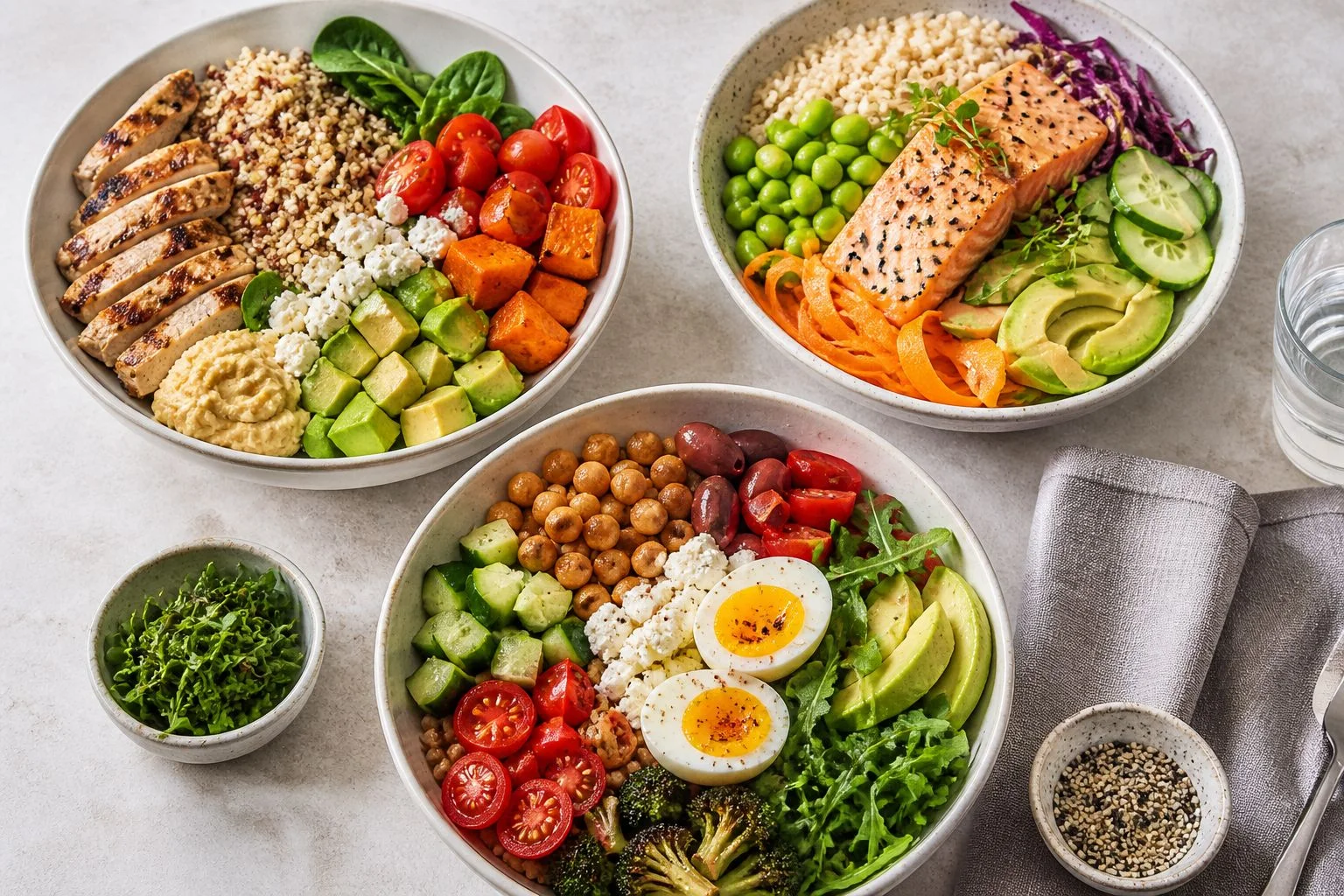 High-protein bowls with chicken, salmon, eggs, quinoa, avocado, vegetables, and fresh toppings