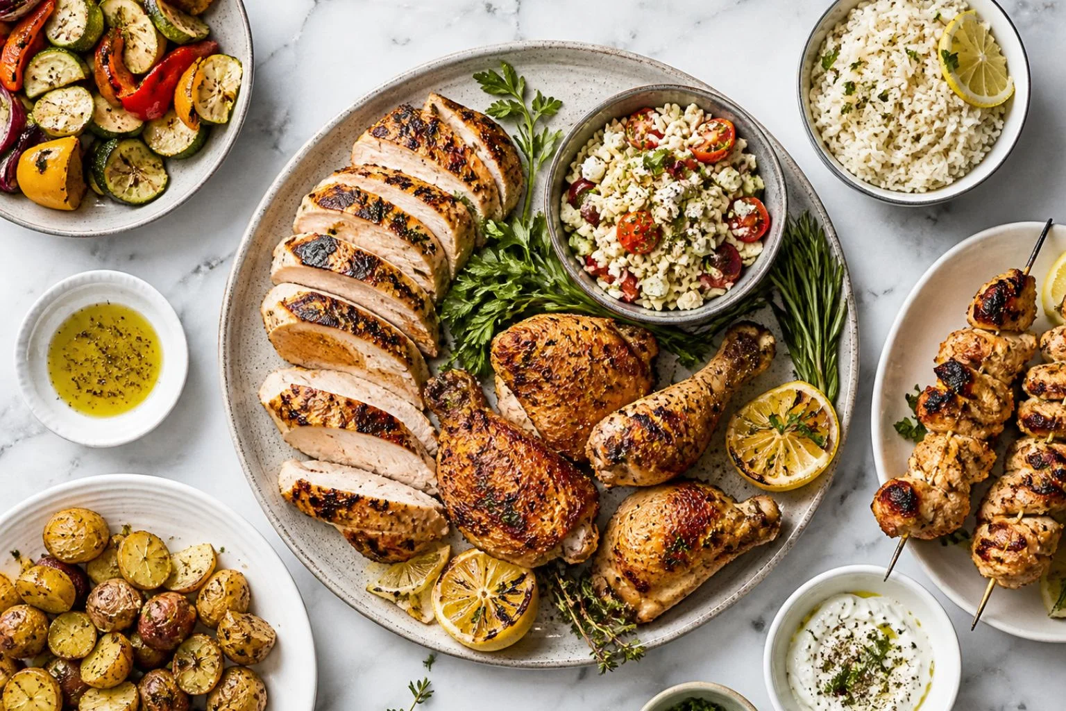 Grilled chicken platter with roasted vegetables, rice, potatoes, lemon, herbs, and creamy sauce.