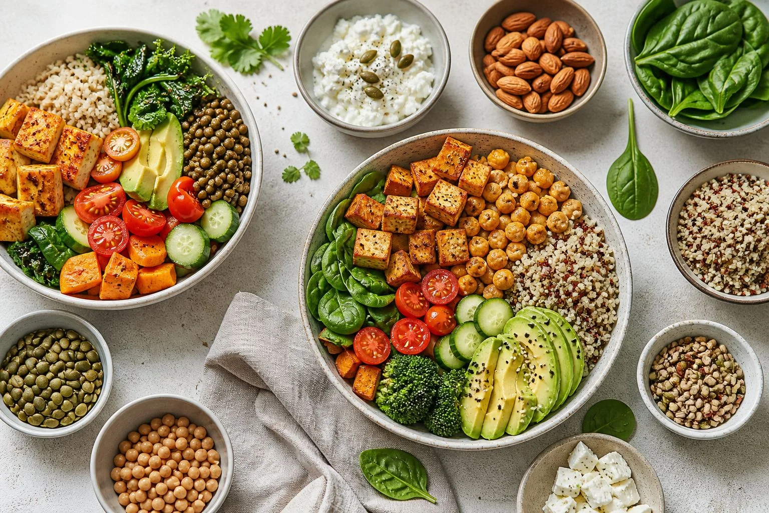 High-protein vegetarian bowls with tofu, chickpeas, quinoa, avocado, lentils, vegetables, and cottage cheese