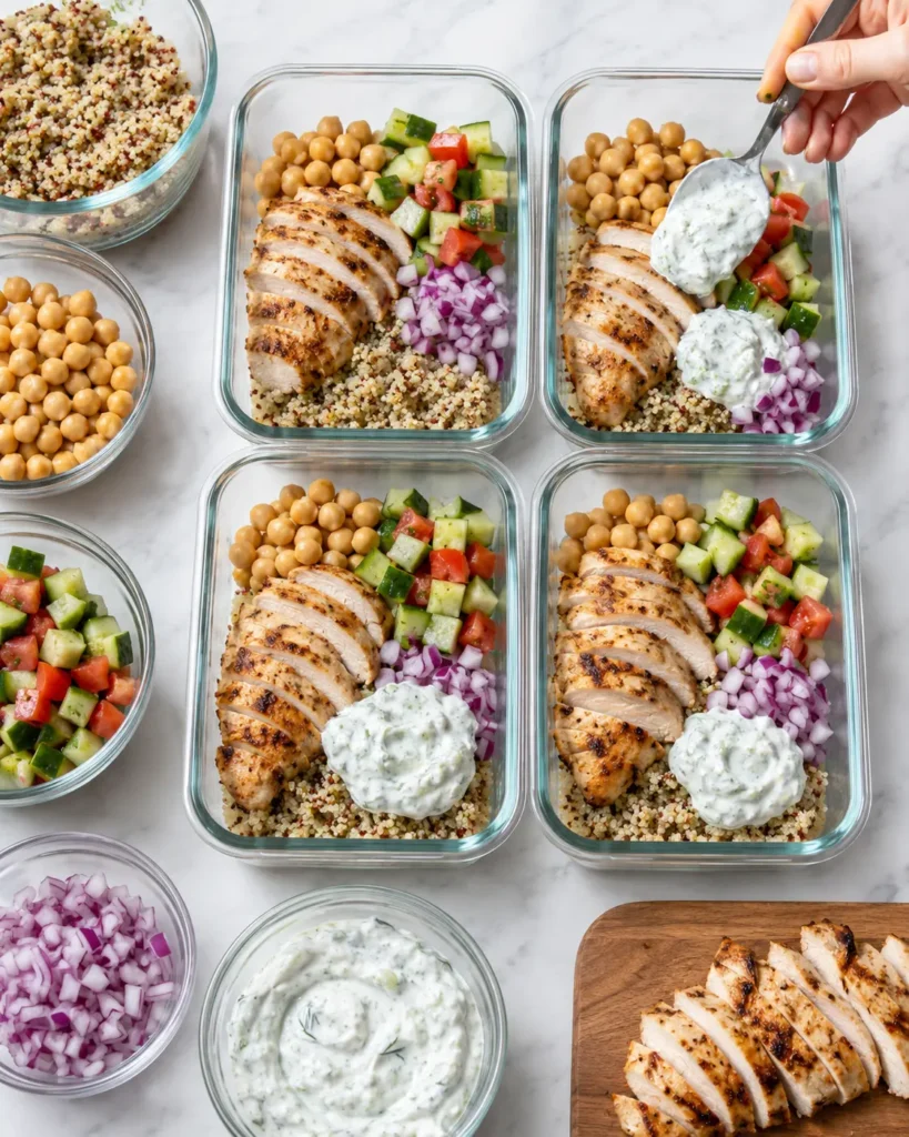 Mediterranean chicken tzatziki bowls being assembled in meal-prep containers