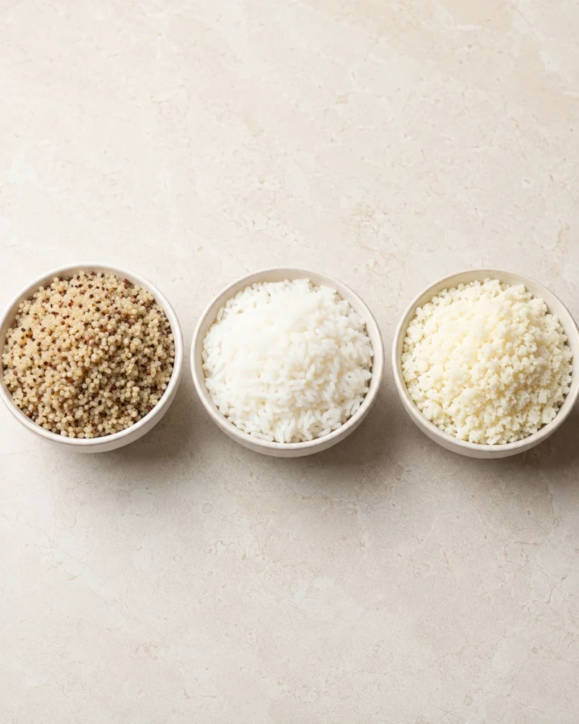 Quinoa, rice, and cauliflower rice compared for Mediterranean chicken bowls