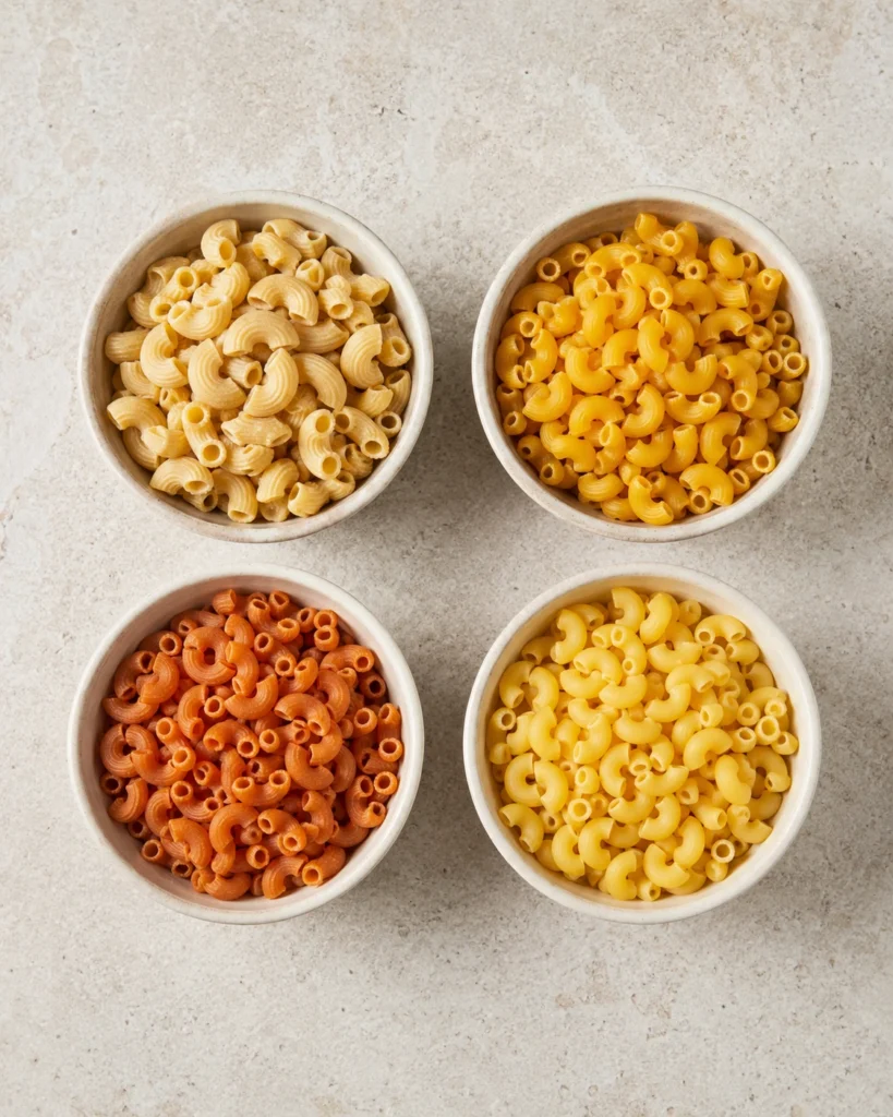 Four small bowls comparing protein elbow pasta, chickpea pasta, lentil pasta, and regular macaroni on a pale stone surface