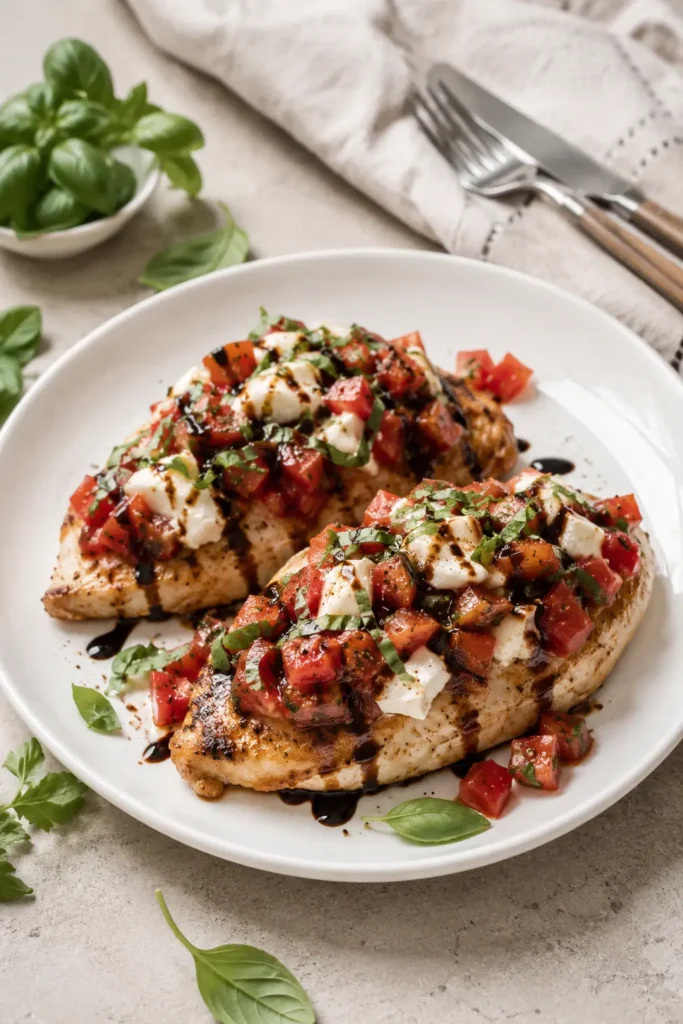 Juicy bruschetta chicken topped with tomatoes, basil, mozzarella, and balsamic glaze