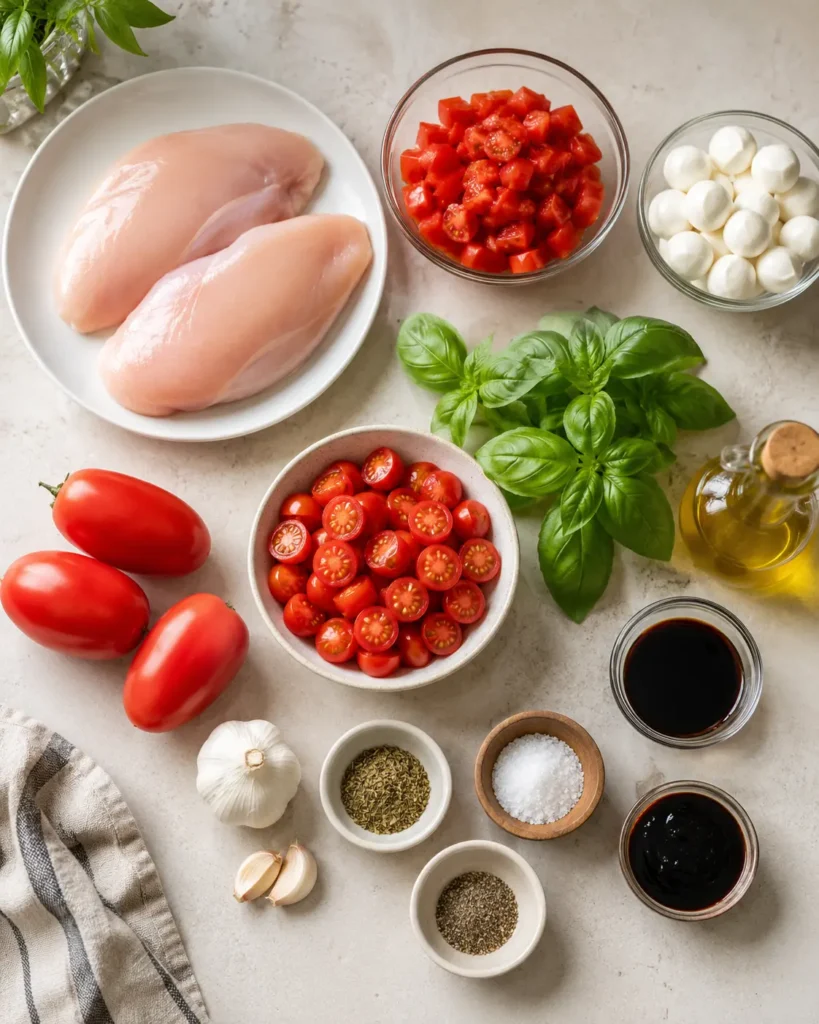 Ingredients arranged for a bruschetta chicken recipe on a countertop
