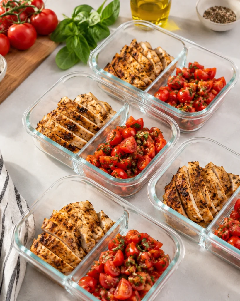 Meal-prep containers with bruschetta chicken and separate tomato basil topping