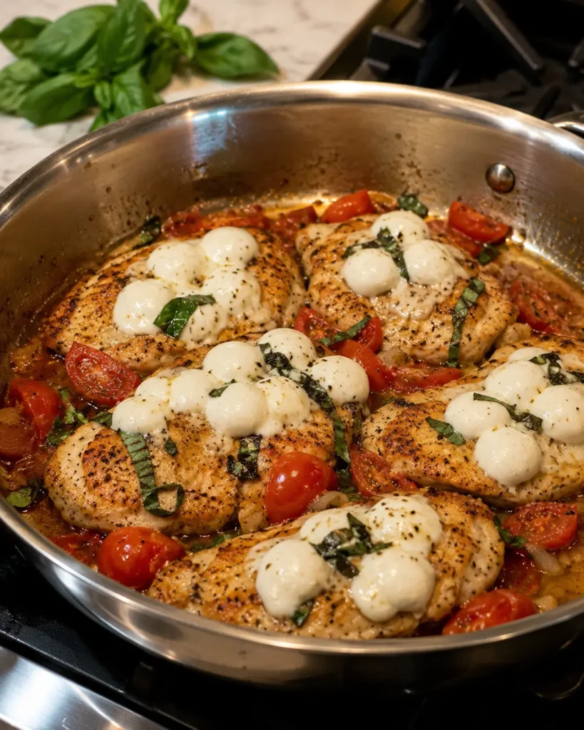 Chicken breasts topped with softened mozzarella in a skillet
