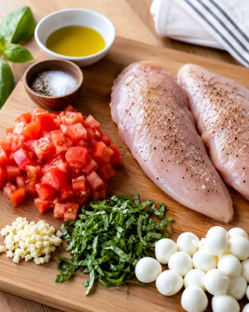 Prepped chicken, tomatoes, basil, garlic, and mozzarella for bruschetta chicken