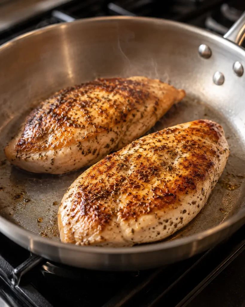 Chicken breasts searing in a skillet for bruschetta chicken