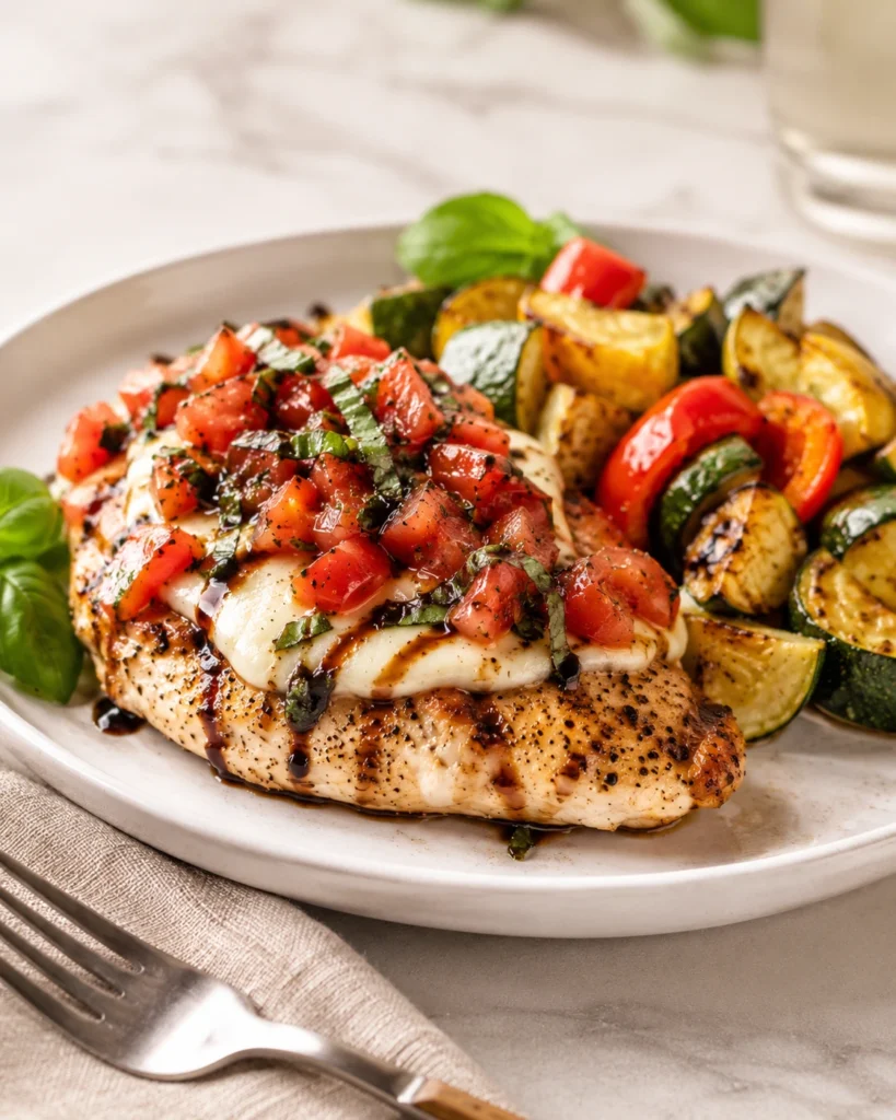 Bruschetta chicken served with roasted vegetables on a plate