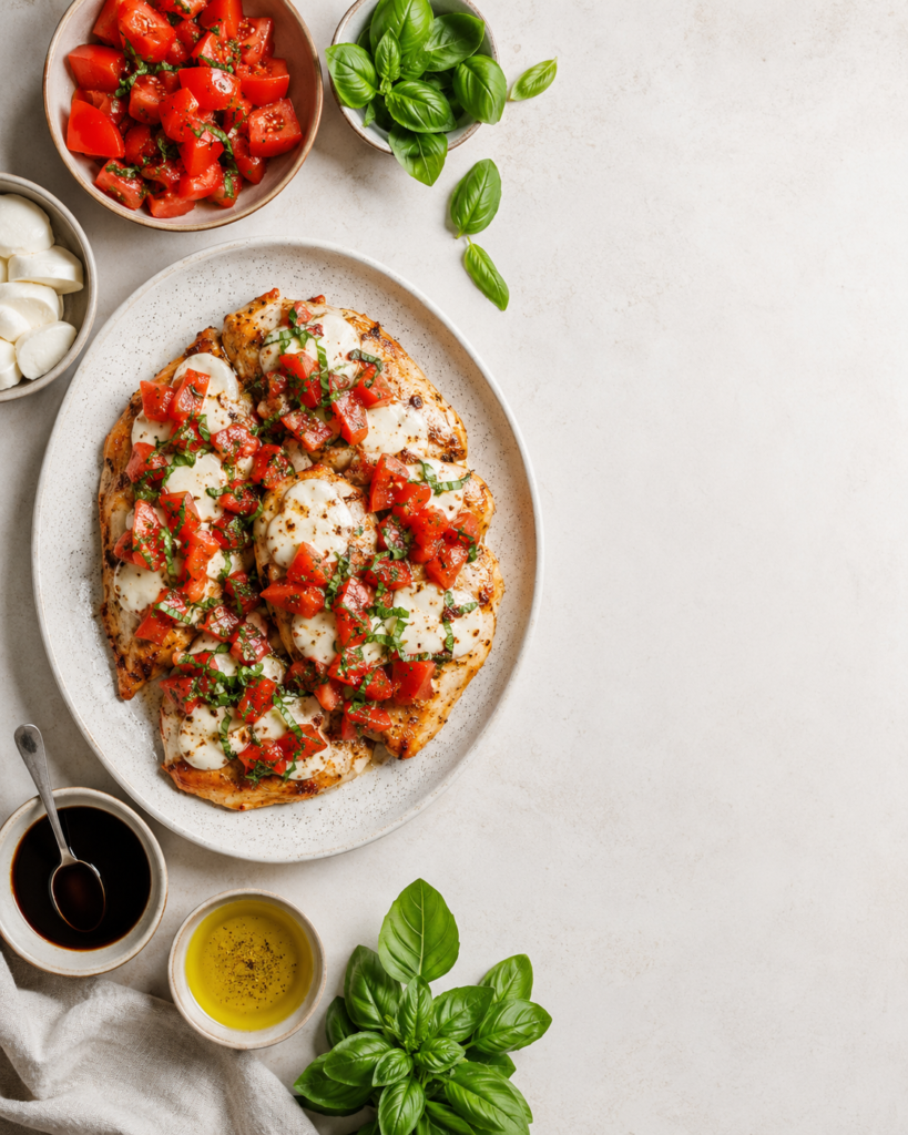 Overhead summary-style image for bruschetta chicken with tomatoes, basil, mozzarella, and balsamic